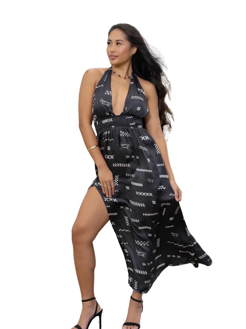 WOMEN'S BLACK & WHITE HALTER LONG DRESS
